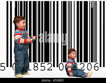 Genetic Engineering Concept with Identical Children in Front of a Barcode Stock Photo