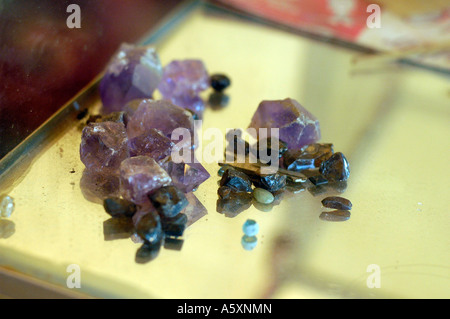 Rough gemstone on display a shop  in Banlung, a town in the gemstone-rich north eastern province of Cambodia. Stock Photo