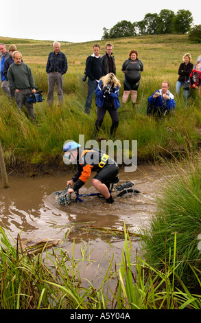 Competitor in the annual World Mountain Bike Bog Snorkelling Championships at Llanwrtyd Wells Powys entering the bog Wales UK Stock Photo