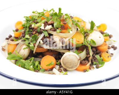 Fresh Puy Lentils With Mushrooms Carrot And Onion Salad Vegetarian Meal Isolated Against A White Background With No People And A Clipping Path Stock Photo
