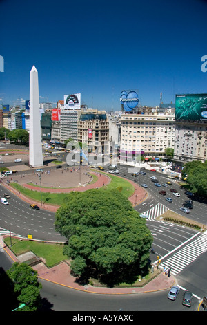 Overview of 9th of July Avenue in Buenos Aires, Argentina at Plaza de la Republica with the Obelisk. Stock Photo