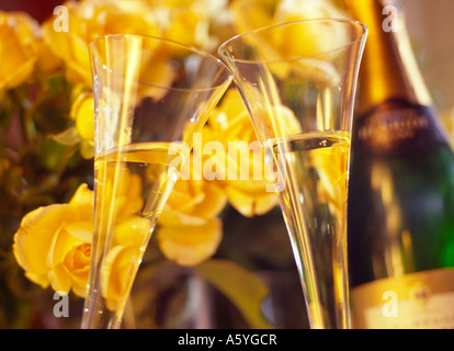 clinking two glasses champagne cups filled with sparkling wine champagne bottle of champagne and yellow roses in background Stock Photo