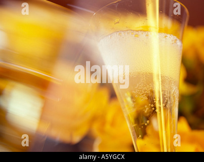 clinking two glasses champagne cups filled with sparkling wine champagne yellow roses in background Stock Photo