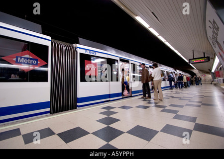 Madrid metro underground tube network train coming into station Stock Photo