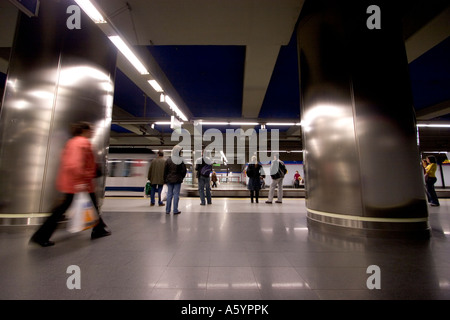 Madrid metro underground tube network train coming into station Stock Photo