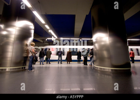 Madrid metro underground tube network train coming into station Stock Photo