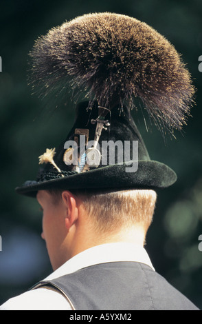 Rear view of man wearing tuft of chamois hair hat Munich Bavaria Germany Stock Photo