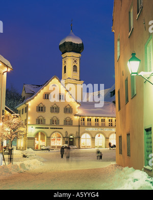 Church in winter at night, St Nikolaus Church, Immenstadt, Allgau, Bavaria, Germany Stock Photo