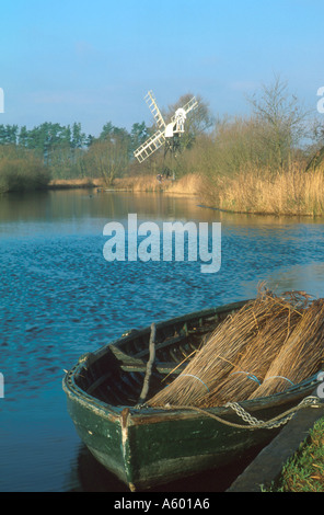 STACKED REEDS ON BOAT AT THE BANK OF THE RIVER ANT AT HOW HILL NORFOLK EAST ANGLIA ENGLAND UK Stock Photo