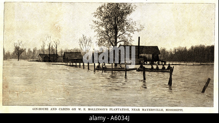Mississippi River flood in 1890. Gin house and cabins on W.E. Mollinson's plantation near Mayersville, Mississippi. Stock Photo