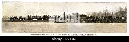 Mississippi River flood in 1890 Construction train hauling dirt to levee Sunday March 30 Stock Photo