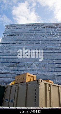 heavy plastic material protective covering over construction on a hospital addition Stock Photo