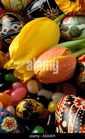 Painted Easter eggs and tulips Stock Photo