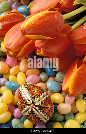 Easter egg jelly beans and tulips Stock Photo