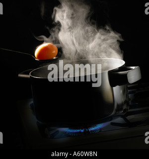 SPOON HOLDING BOILED EGG OVER PAN OF BOILING WATER WITH RISING STEAM SIMMERING ON GAS COOKER Stock Photo