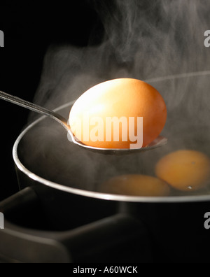 SPOON HOLDING BOILED EGG OVER PAN OF BOILING WATER FULL OF EGGS WITH RISING STEAM SIMMERING ON GAS COOKER Stock Photo