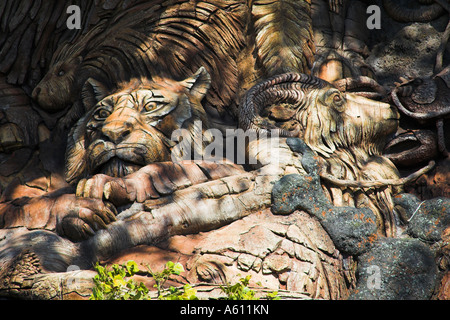 Animal carvings, close up detail of Tree of Life, Discovery Island, Animal Kingdom, Orlando, Florida, USA Stock Photo