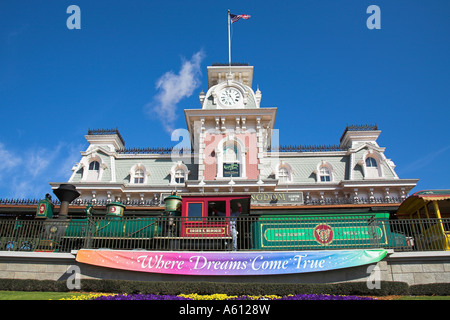 Steam train and railroad office at entrance to Magic Kingdom, Disney World, Orlando, Florida, USA Stock Photo
