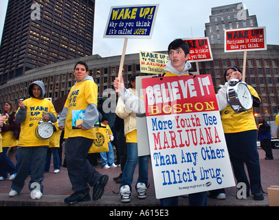 Teenagers rally holding signs with an anti drug message in Boston Massachusetts Stock Photo