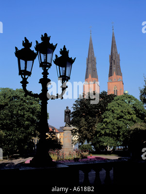 Twin spires of Uppsala Cathedral seen from steps of the University, Uppsala, Uppland, Sweden. Stock Photo