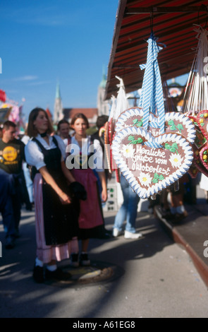 Gingerbread hearts displayed in store Oktoberfest Munich Bavaria Germany Stock Photo