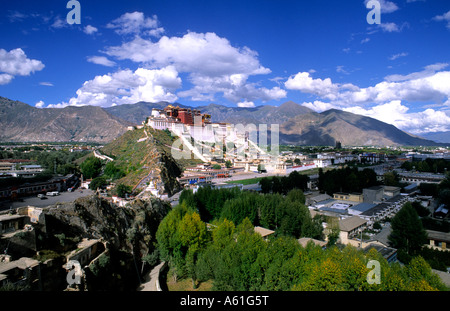 Wonderful Potala Palace on mountain range from another mountain the home of the Dalai Lama in capital city of Lhasa Tibet China Stock Photo