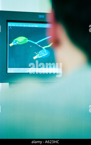 Rear view of man working on computer Stock Photo