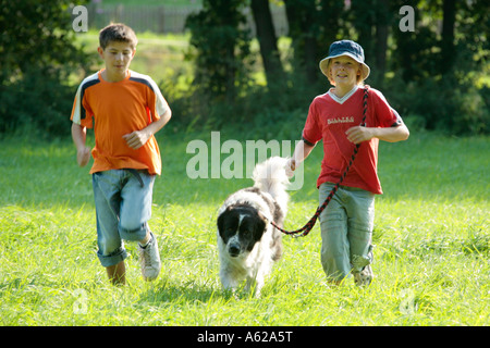 two young boys running across a meadow with their dog Stock Photo