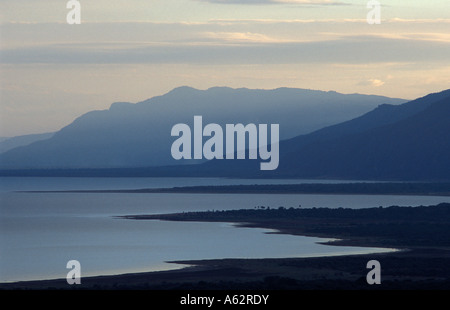 View of the lake from the escarpment at dusk Lake Manyara National Park Tanzania Stock Photo