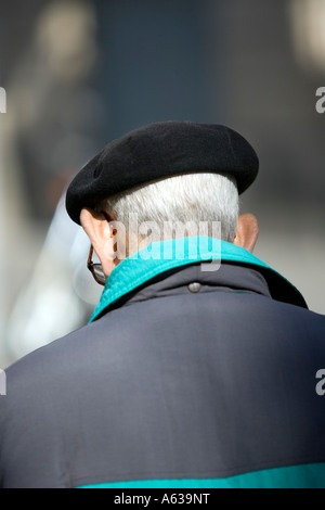 Rear view of old man wearing black beret, La Rambla, Barcelona, Catalonia, Spain Stock Photo