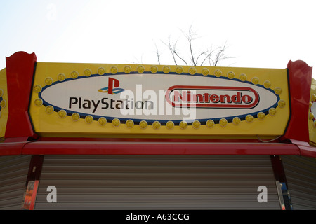 Playstation Nintendo logo of a closed booth in an amusement park in Milan, Italy, Europe Stock Photo