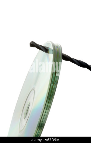 Concept data security, single DVD with drill isolated on white baclground Stock Photo