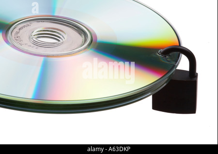 Concept data security, single DVD with padlock isolated on white baclground Stock Photo