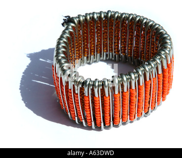 Contemporary bracelet made from beads safety pins and elastic bands Cape Town South Africa Stock Photo