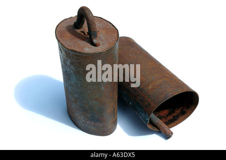 Rusted old handmade cow bells from the Himalayan region Stock Photo
