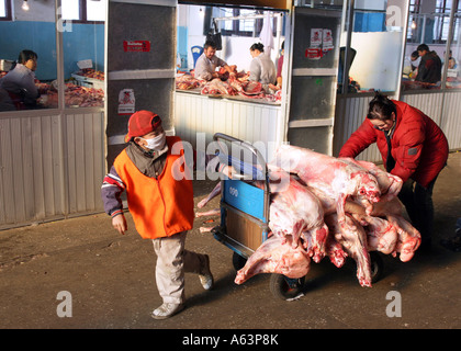 Mongolia - Butcher´s shop in the market hall of the capital of Mongolia Ulaan Bataar Stock Photo