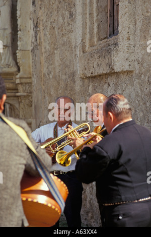 San Jose Roman Catholic Mission Circa 1720 Mexican Mariachi Band Musicians Outside Church Before Mass San Antonio Texas Stock Photo