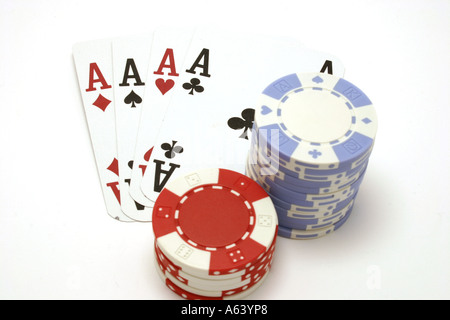 Close up on winning situation Four aces and chips Stock Photo