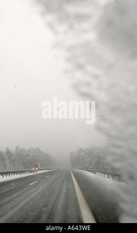 Poor visibility on a german Autobahn in winter Stock Photo