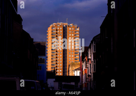Flats in city centre catch the last sunshine of the day. Picture by Jim Holden. Stock Photo