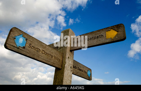 A South Downs Way signpost on top of a hill in East Sussex. Picture by James Hoathly. Stock Photo