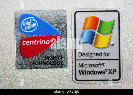 Emblem operating system processor Microsoft Windows XP, intel inside, centrino Stock Photo