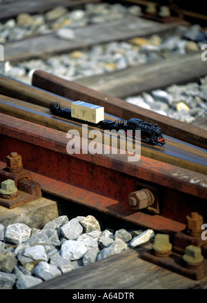 scale model of cargo train crossing railroad track editorial use only Stock Photo