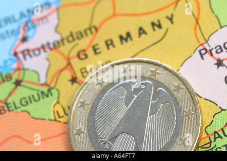 1 Euro coin with German eagle design on map of Germany Stock Photo