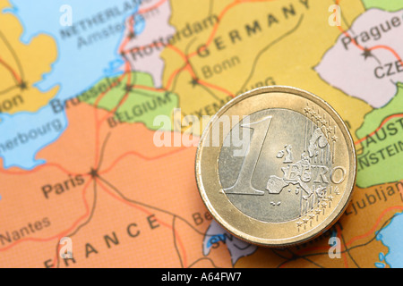 One Euro coin on map of Europe Stock Photo