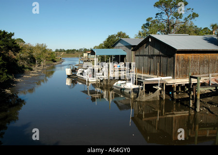 Cedar Key Florida fishing village boats tied to docks Stock Photo