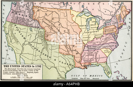 Map of the United States in 1792 showing colonial claims on Oregon Territory after the American Revolutionary War. Color lithograph Stock Photo