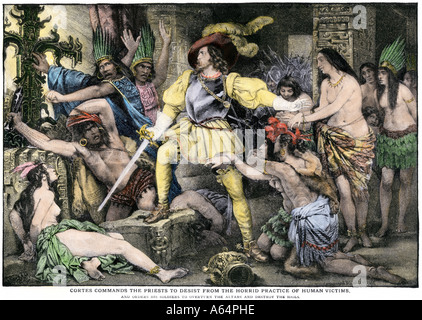 Hernando Cortes orders an end to the Aztec practice of human sacrifice after Spanish conquest of Mexico City. Hand-colored halftone of an illustration Stock Photo