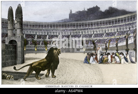 Christian martyrs facing hungry lions in the Colosseum in ancient Rome. Hand-colored halftone of an illustration Stock Photo