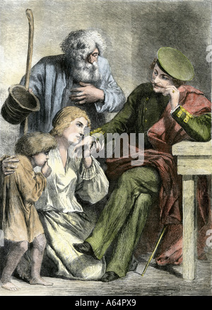 Family of Russian serfs greeting a noble landowner 1800s. Hand-colored woodcut Stock Photo
